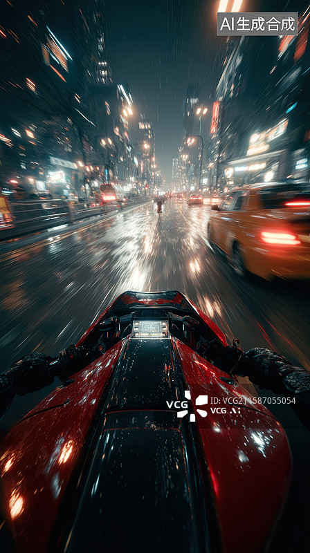 【AI数字艺术】夜雨城市中的红色摩托车疾驰图片素材