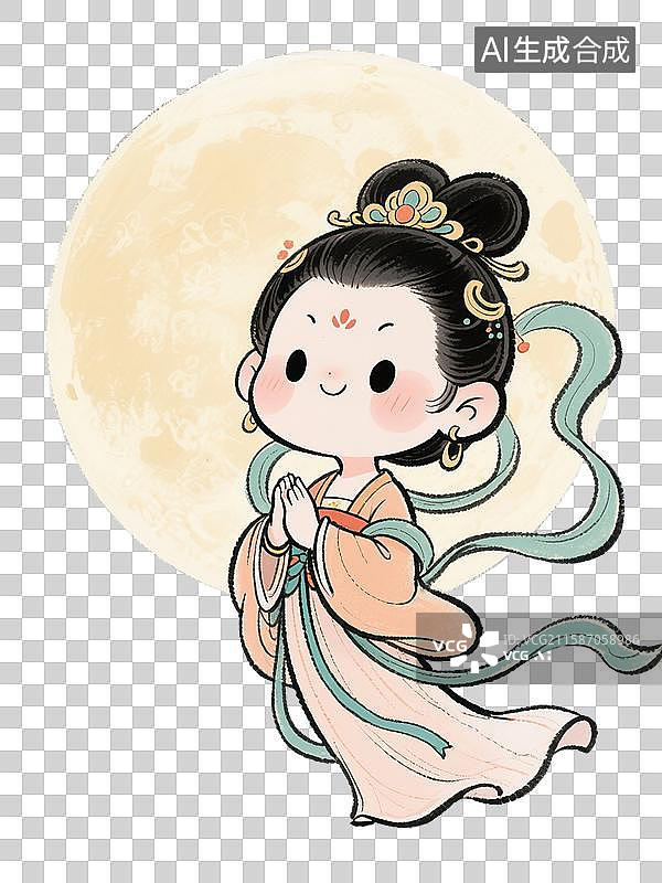 【AI数字艺术】中国风手绘插画，嫦娥和月亮，嫦娥奔月，仙女，飞天，中国神话传说，童话故事，中秋节，免抠元素图片素材