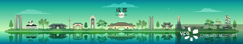 成都城市天际线地标建筑描边插画图片素材