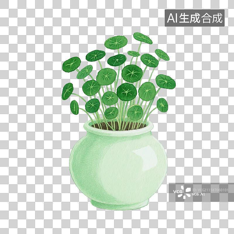 【AI数字艺术】治愈系手绘插画，花瓶里的铜钱草，绿植，免抠元素图片素材