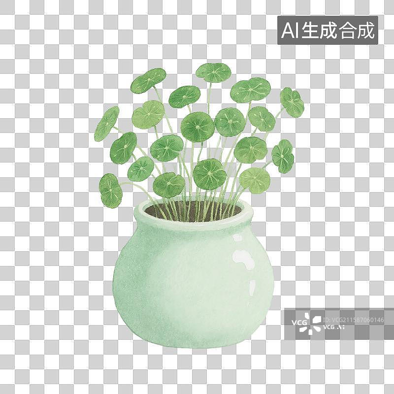 【AI数字艺术】治愈系手绘插画，花瓶里的铜钱草，绿植，免抠元素图片素材