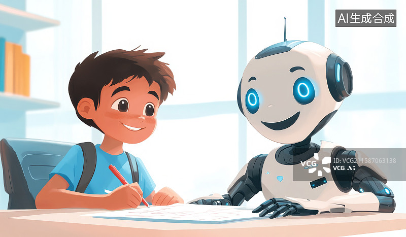 【AI数字艺术】机器人辅导孩子学习功课插画图片素材