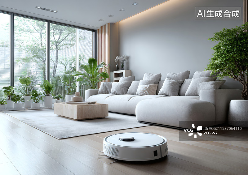 【AI数字艺术】明亮的客厅扫地机器人在打扫卫生图片素材