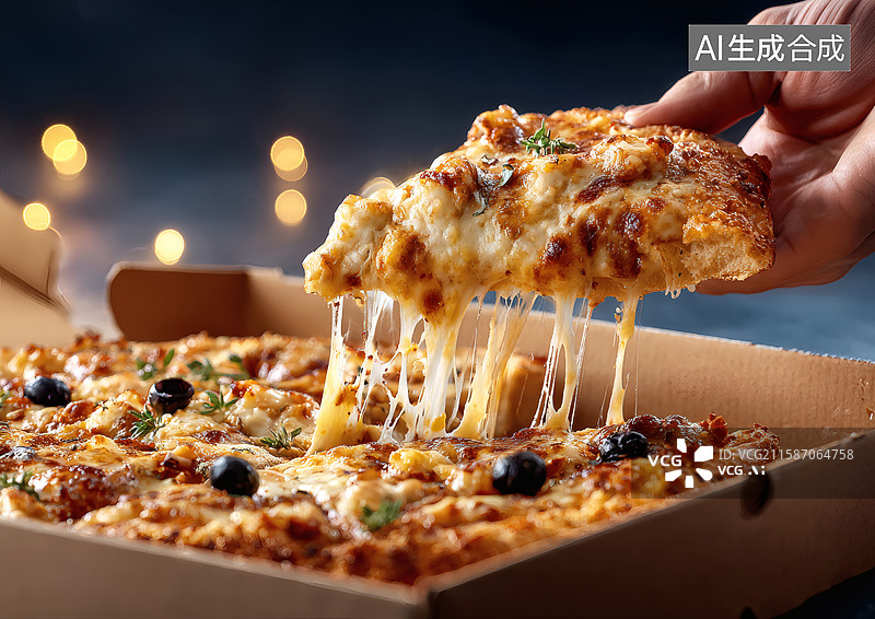 【AI数字艺术】手里拿着一块美味的芝士披萨图片素材