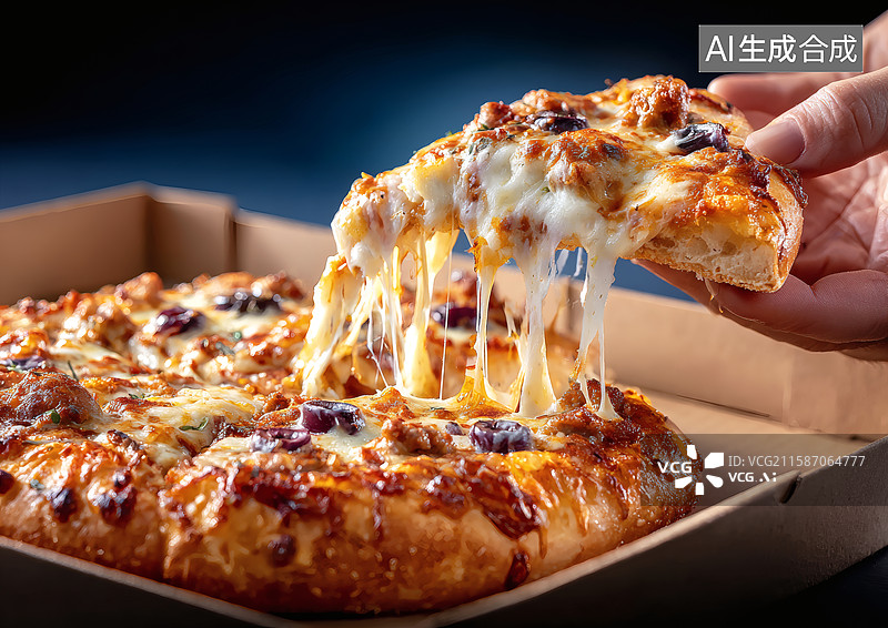 【AI数字艺术】手里拿着一块美味的芝士披萨图片素材