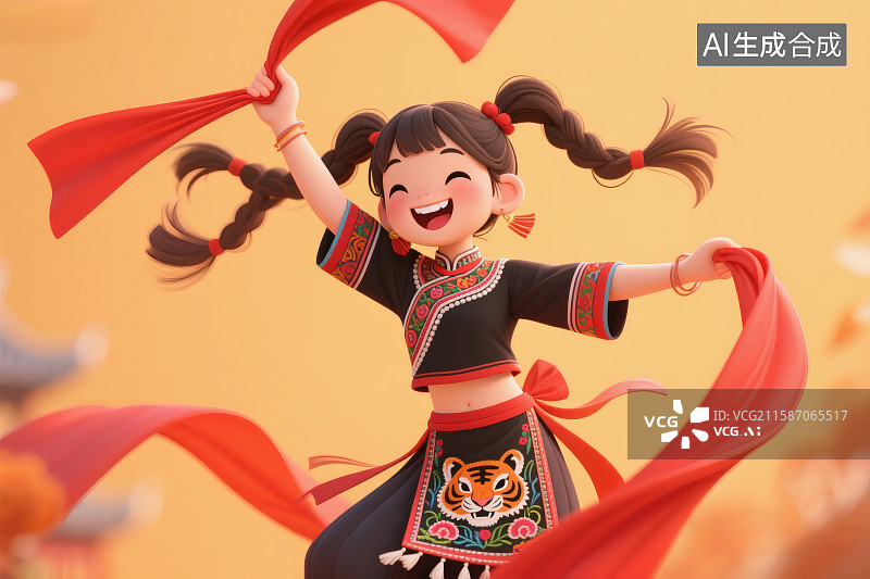 【AI数字艺术】土家族少女穿着民族服饰，手拿红绸跳舞图片素材