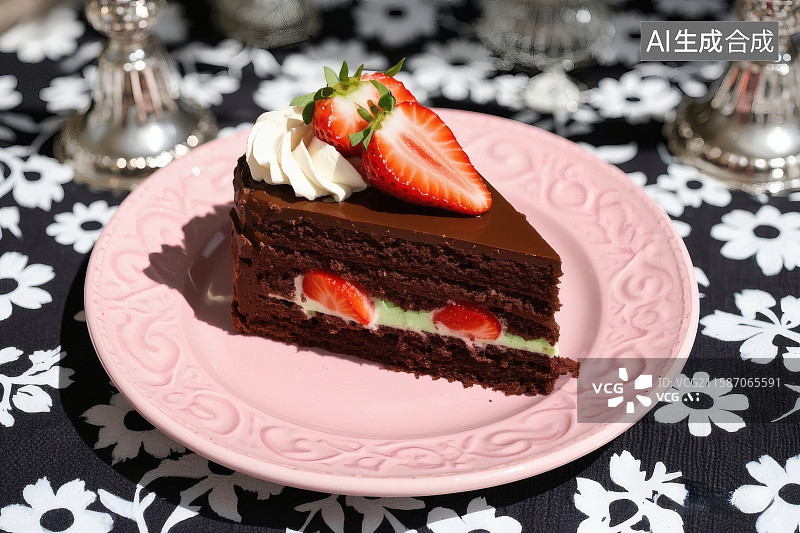 【AI数字艺术】一块巧克力蛋糕，上面奶油与草莓点缀图片素材