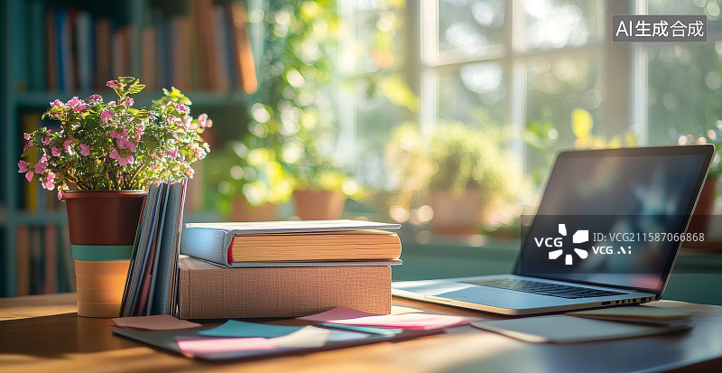 【AI数字艺术】窗户边的书籍 笔记本电脑 花卉图片素材