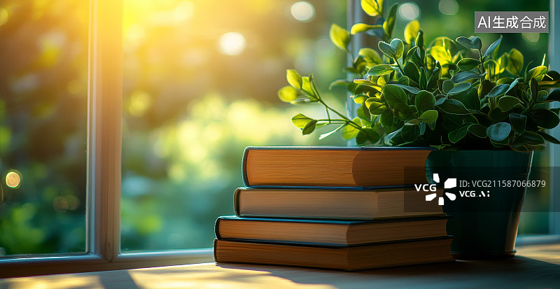 【AI数字艺术】窗户边的书籍和花卉图片素材