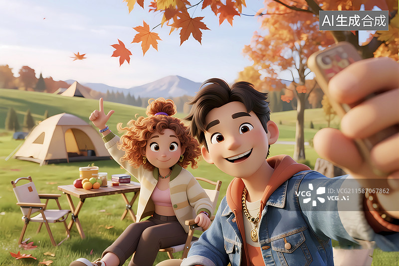 【AI数字艺术】秋天公园年轻人露营赏秋自拍3d卡通场景图片素材