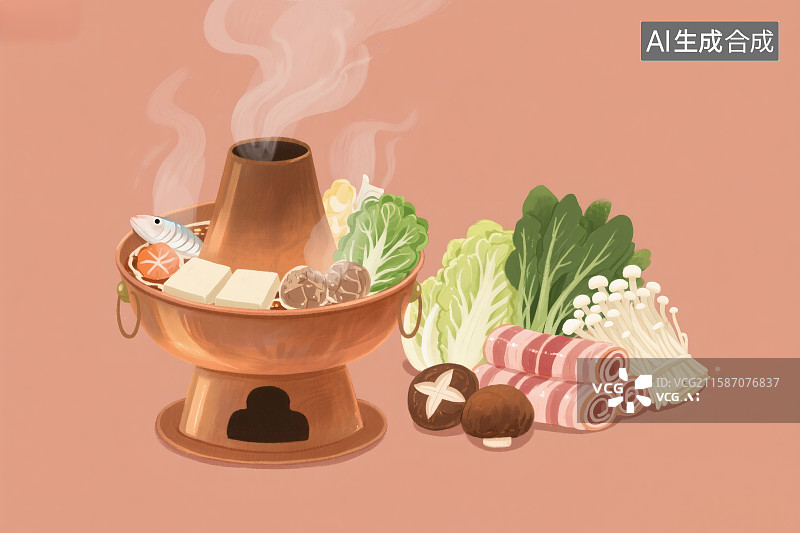 【AI数字艺术】纯色背景，老北京铜炉火锅，新鲜的食材图片素材