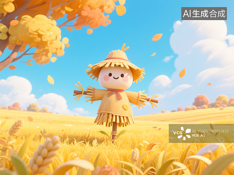 【AI数字艺术】3D秋天麦田里的稻草人插画图片素材
