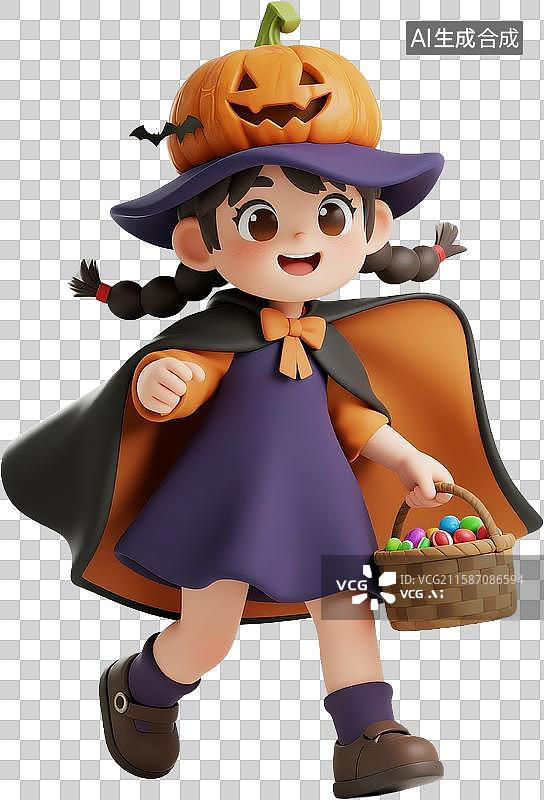【AI数字艺术】万圣节装扮的女孩和南瓜女巫帽糖果卡通3D图片素材