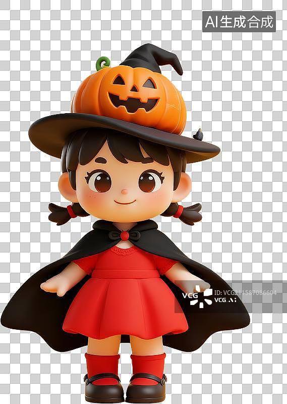 【AI数字艺术】万圣节装扮的女孩和南瓜女巫帽糖果卡通3D图片素材