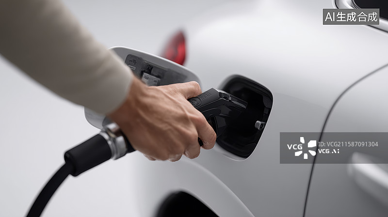 【AI数字艺术】手握充电枪为电动汽车充电图片素材