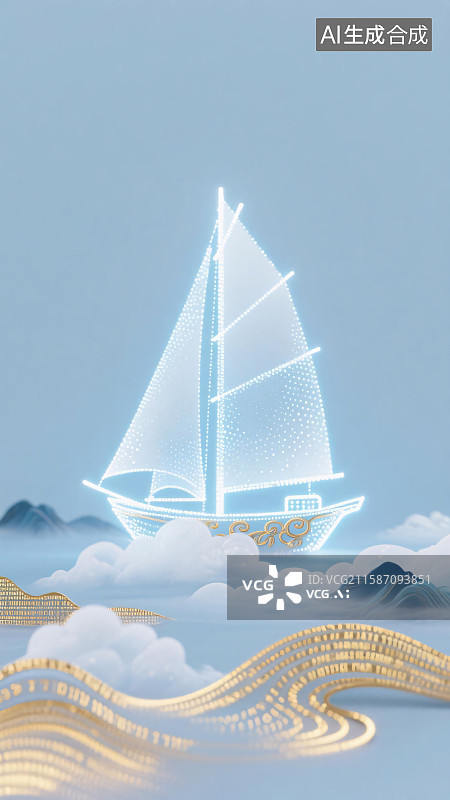 【AI数字艺术】国潮风数字帆船背景图片素材