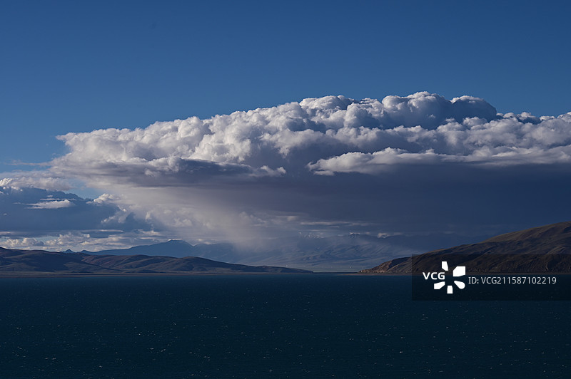 魔鬼湖拉昂错的景色：白云与湛蓝的湖水图片素材