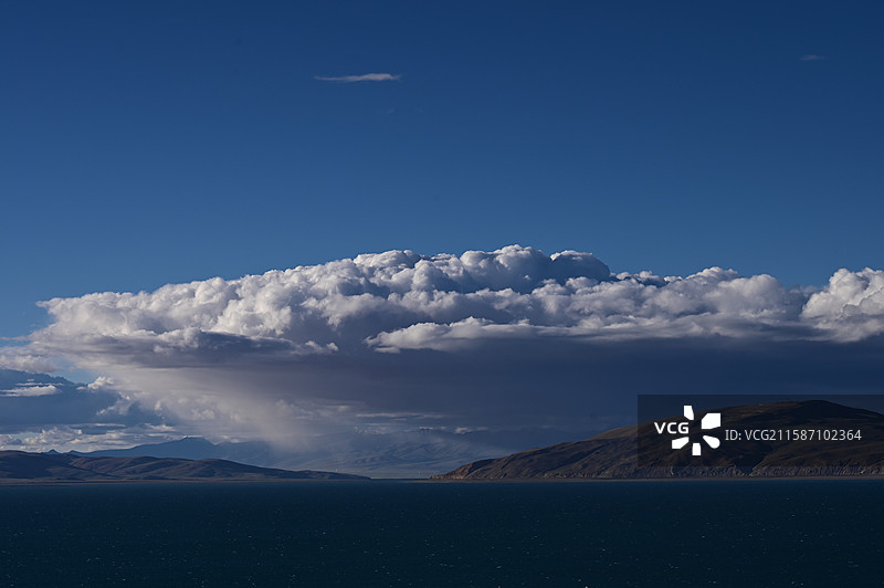 魔鬼湖拉昂错的景色：白云与湛蓝的湖水图片素材