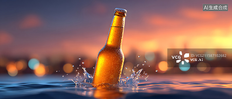 【AI数字艺术】日落水面漂浮的啤酒瓶图片素材