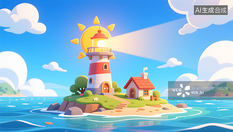 【AI数字艺术】夏季的海岛和灯塔3D渲染插图图片素材