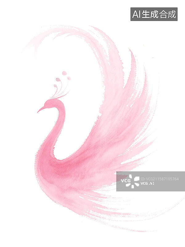 【AI数字艺术】粉色水彩风格的凤凰优雅展翅，背景为纯白色。图片素材