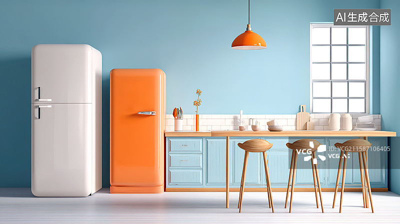 【AI数字艺术】3D卡通风格明快的厨房室内空间插画图片素材