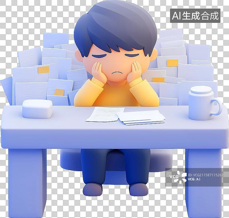 【AI数字艺术】一个男孩坐在书桌前一副很烦恼的样子图片素材