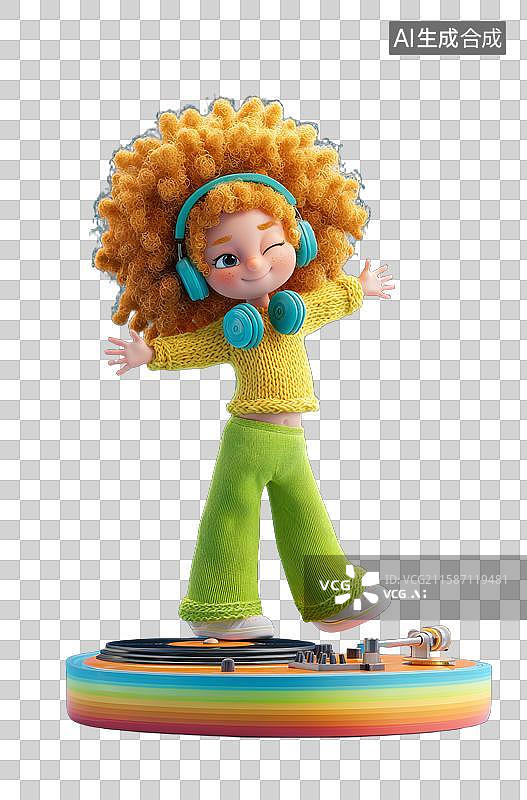 【AI数字艺术】戴着耳机的卷发女孩站在彩虹底座上图片素材