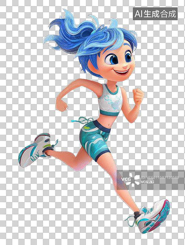 【AI数字艺术】蓝色头发的女孩正在跑步图片素材