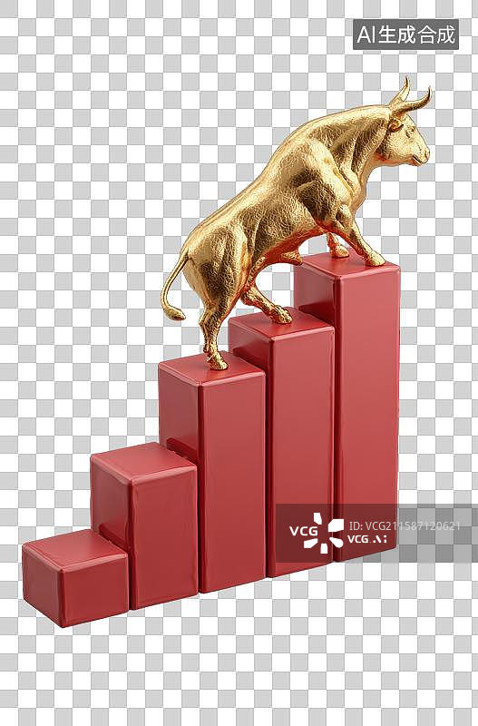 【AI数字艺术】金色牛站立在红色阶梯上图片素材