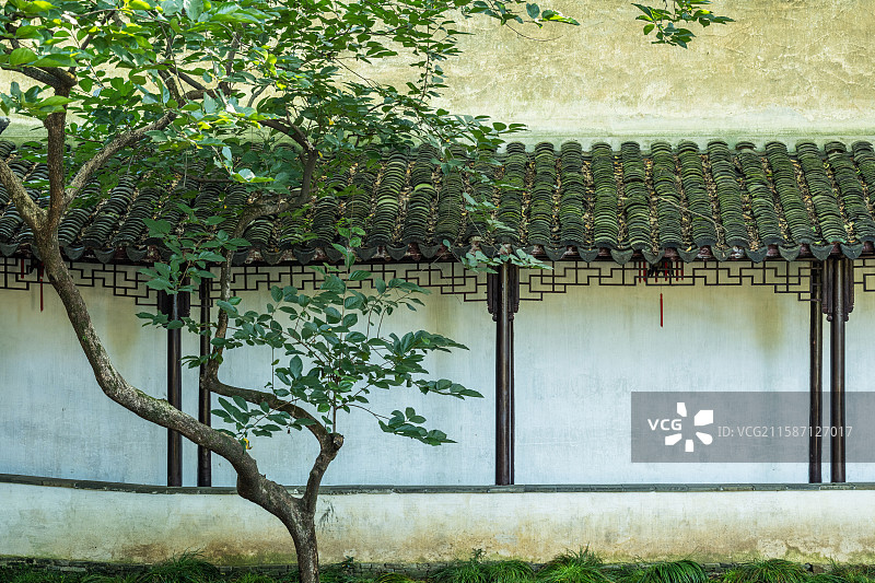 苏州留园白墙屋檐与绿树掩映图片素材