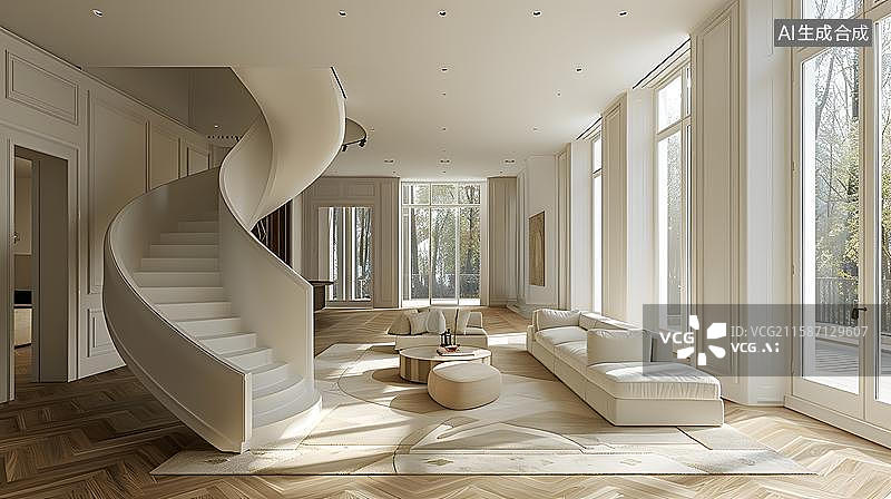 【AI数字艺术】室内的旋转楼梯的客厅  旋梯的艺术空间  现代简约的艺术空间图片素材
