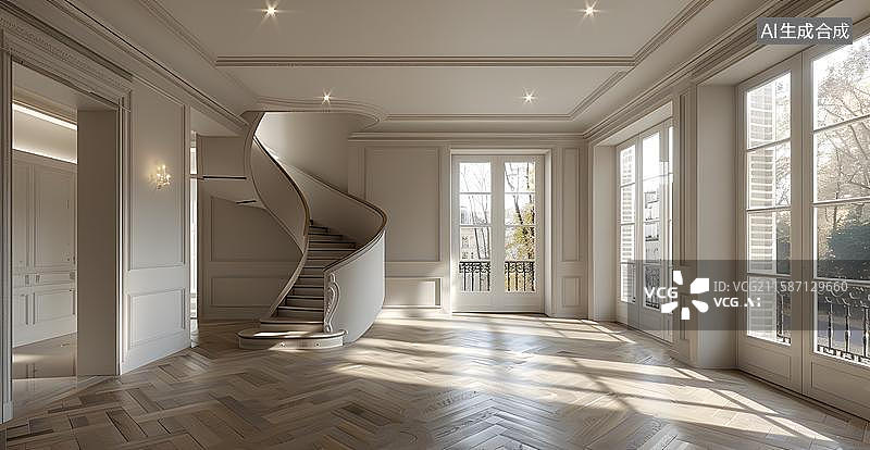 【AI数字艺术】室内的旋转楼梯的客厅  旋梯的艺术空间  现代简约的艺术空间图片素材