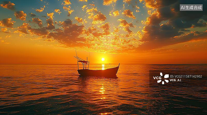 【AI数字艺术】海上日出渔舟晚  黄昏大海上的小船风景  海上日落的静谧之美 孤舟伴夕阳的诗意画卷图片素材