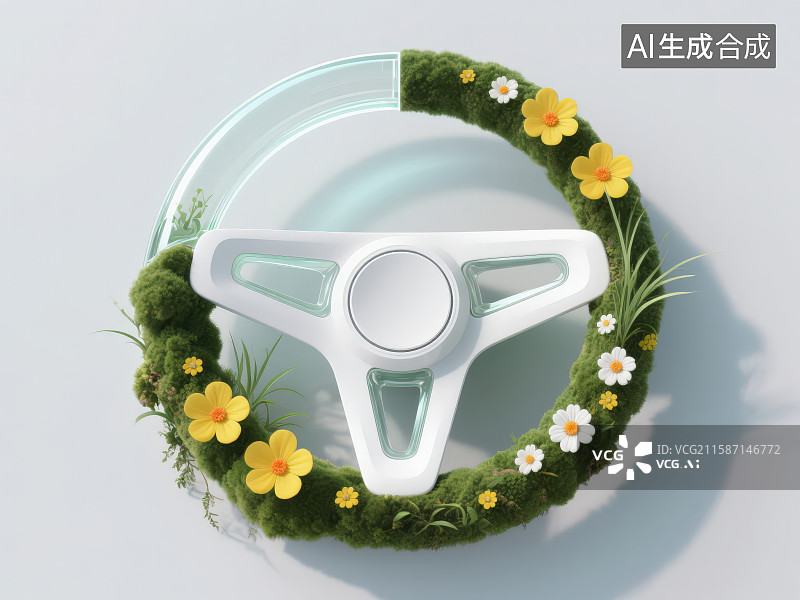 【AI数字艺术】绿色草皮和花朵装饰的白色汽车方向盘图片素材