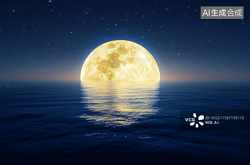 【AI数字艺术】海上生明月，月亮倒映在水面上图片素材