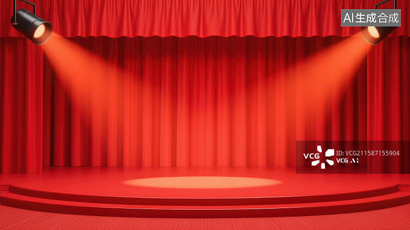 【AI数字艺术】3D渲染黄色聚光灯下红色的窗帘幕布和明亮的舞台图片素材