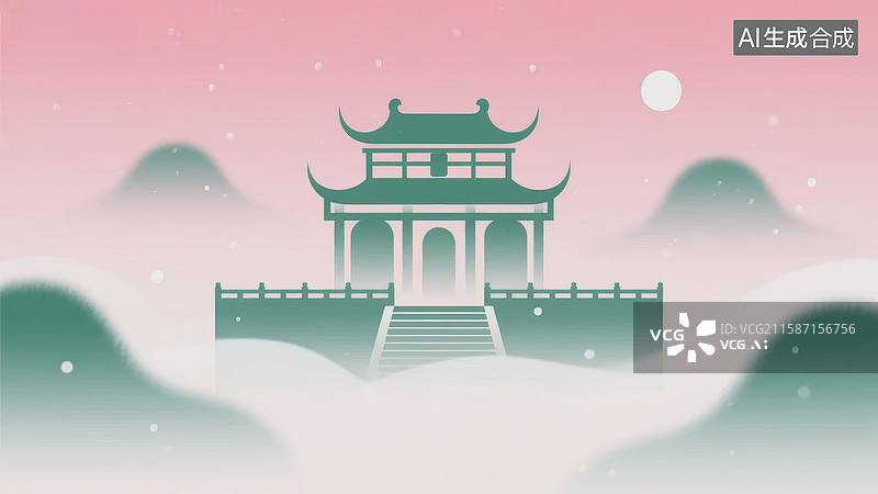 【AI数字艺术】古典建筑云海图片素材