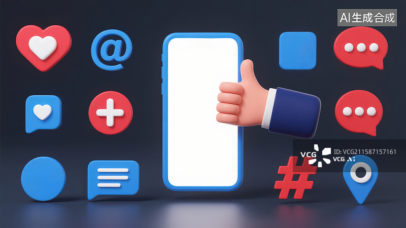 【AI数字艺术】纯色背景下悬浮着各种社交媒体图标和一个点赞姿势的手与白色屏幕的智能手机图片素材