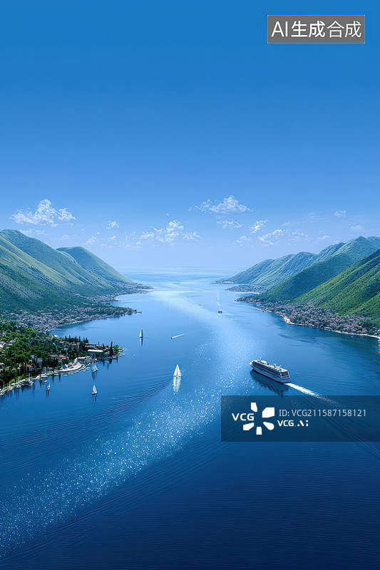 【AI数字艺术】山间蓝湖游轮航行自然风光图图片素材