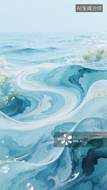 【AI数字艺术】蓝调海洋波纹艺术插画，水墨质感与清新花草融合背景图图片素材