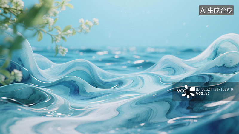 【AI数字艺术】蓝调海洋波纹艺术插画，水墨质感与清新花草融合背景图图片素材
