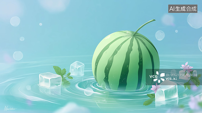 【AI数字艺术】清凉西瓜与冰块的夏日场景图片素材