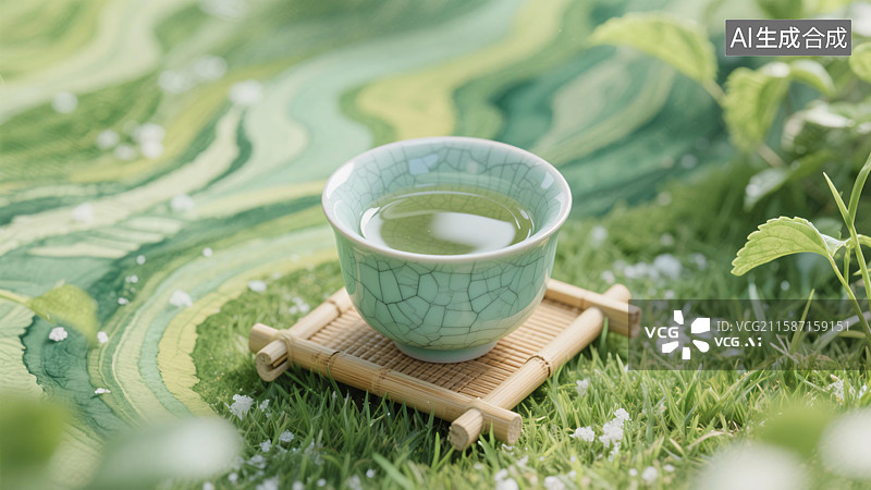 【AI数字艺术】草地上的青瓷茶杯，清新国风茶具特写背景图图片素材