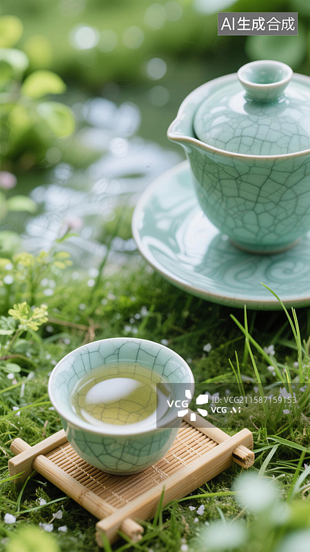 【AI数字艺术】草地上的青瓷茶杯，清新国风茶具特写背景图图片素材