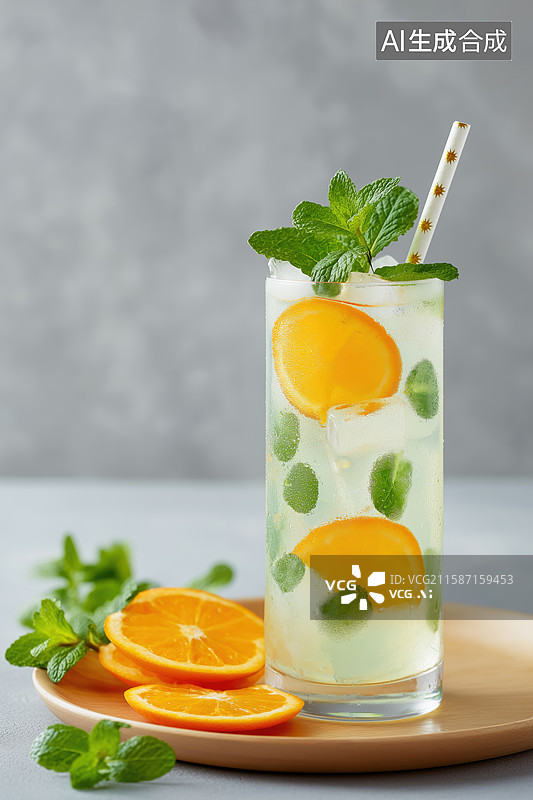 【AI数字艺术】清新橙薄荷饮品，点缀柠檬片与薄荷叶图片素材