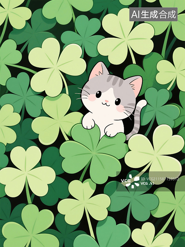 【AI数字艺术】三叶草与猫插画图片素材