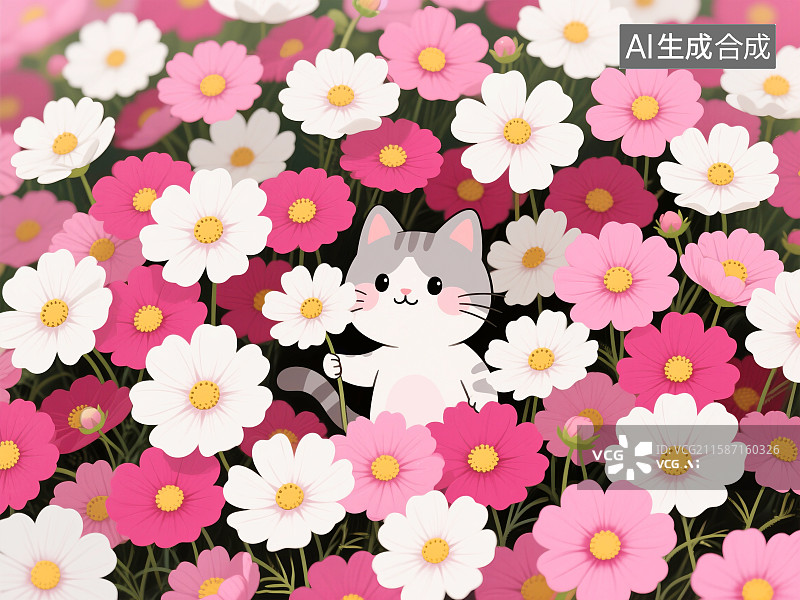 【AI数字艺术】格桑花与猫插画图片素材