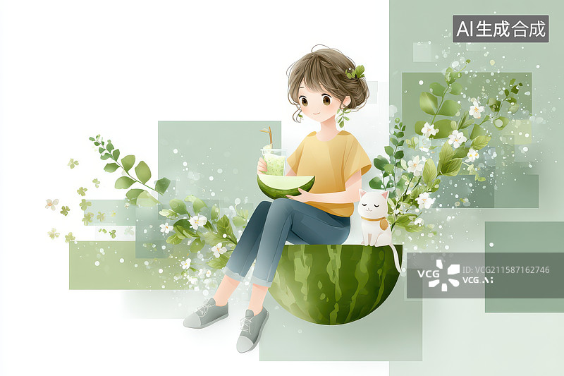 【AI数字艺术】卡通女孩西瓜猫咪夏日清凉图图片素材