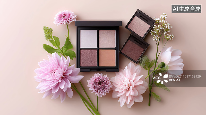 【AI数字艺术】彩妆盘与鲜花的优雅组合图片素材